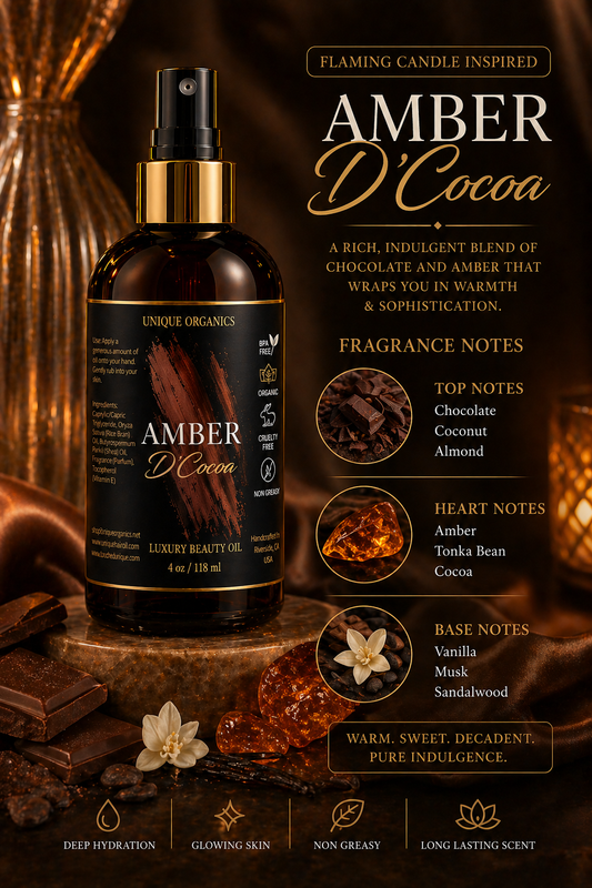 Amber D'Cocoa beauty oil bottle with product details on a dark background