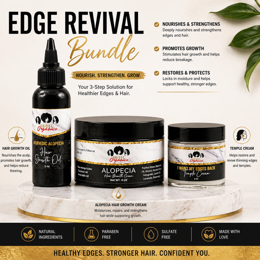 Alopecia Areata treatment products including oil, cream, and temple cream on a marble surface with green leaves.
