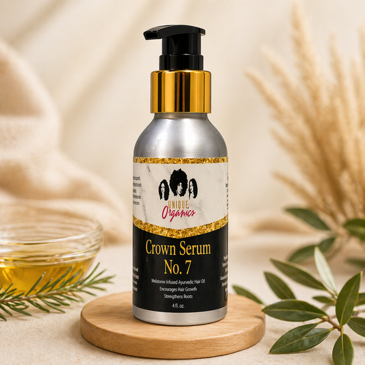 Crown Serum No. 7 bottle with gold pump on a beige background