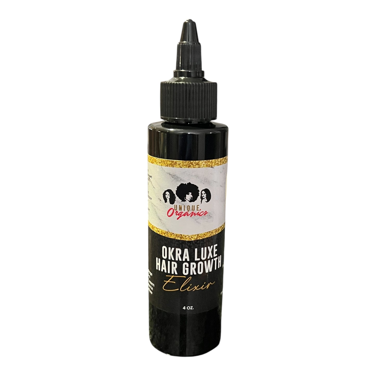 A bottle of Okra Seed Hair Growth and Rehydration Scalp Oil with a dropper, labeled as an elixir for hair care.