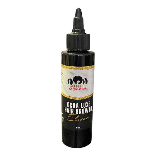 A bottle of Okra Seed Hair Growth and Rehydration Scalp Oil with a dropper, labeled as an elixir for hair care.