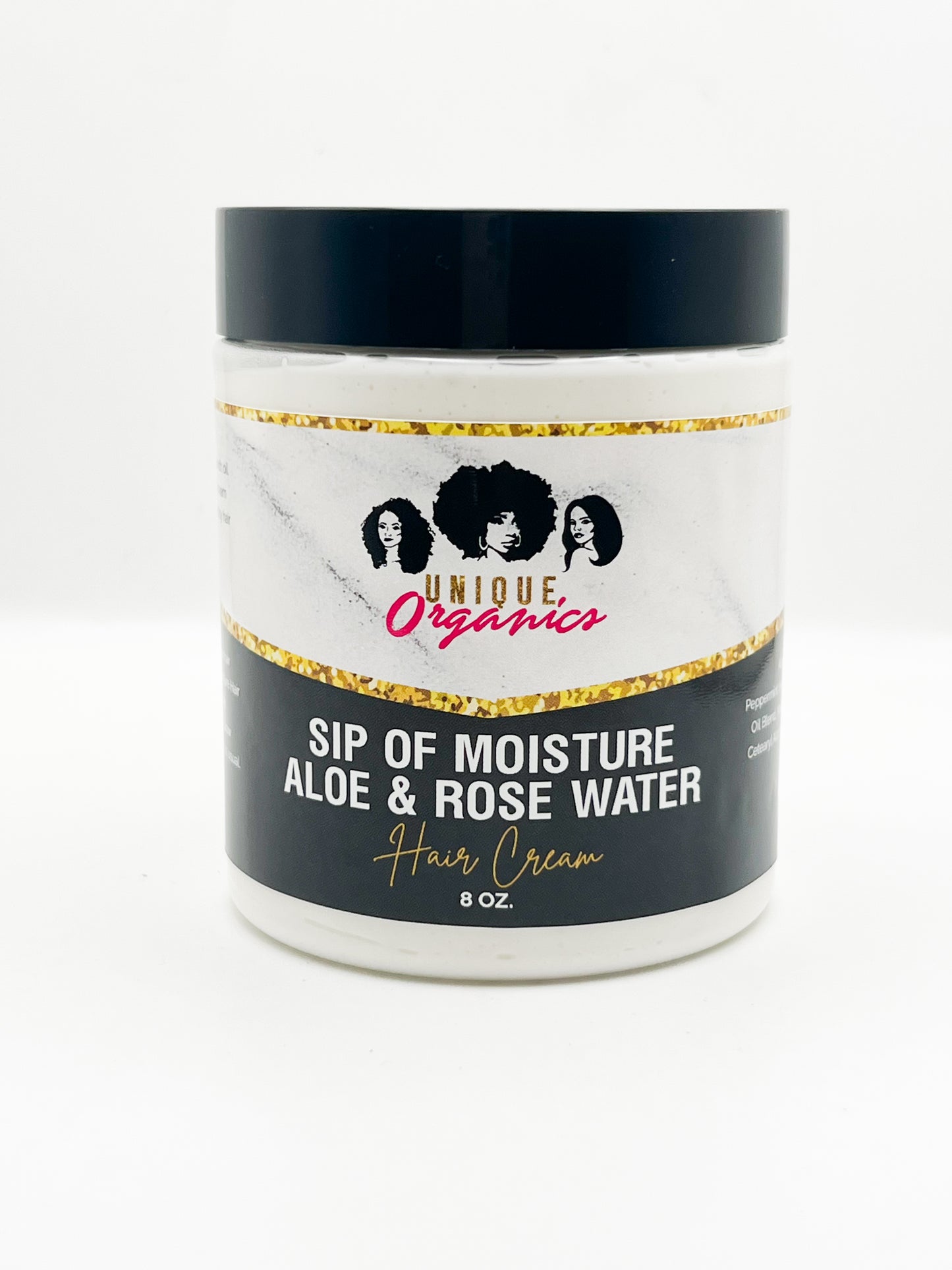 Jar of Unique Organics Sip of Moisture Aloe & Rose Water Hair Cream on a white background