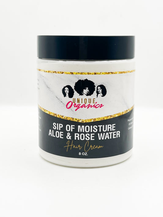 Jar of Unique Organics Sip of Moisture Aloe & Rose Water Hair Cream on a white background