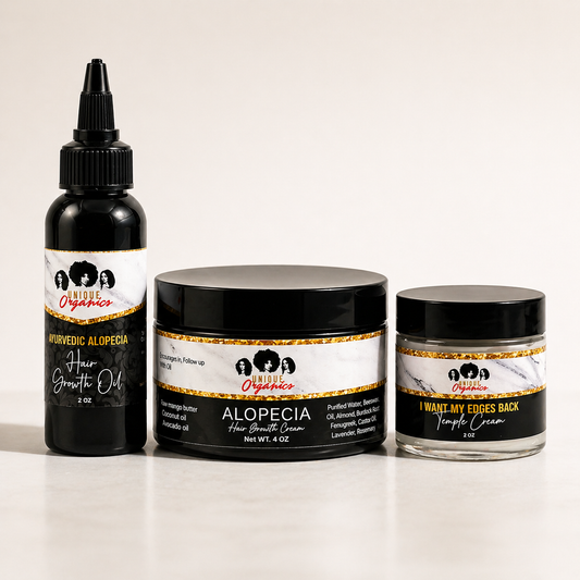 Three hair care products from Unique Organics on a white background. Alopecia oil, alopecia cream and temple cream