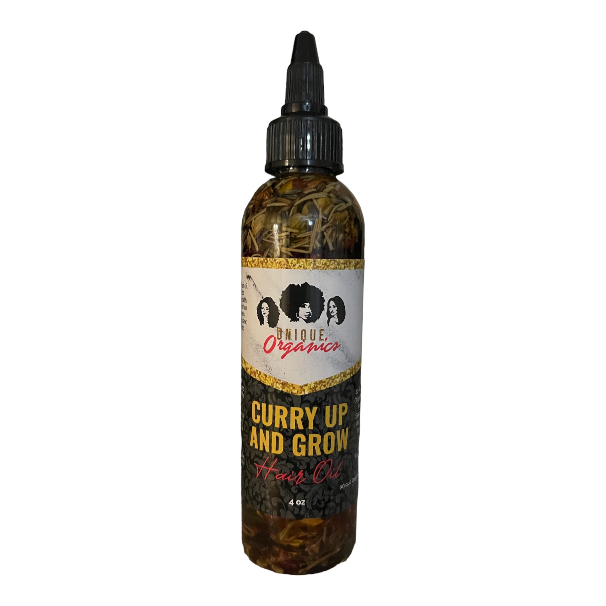 Bottle of 'Curry Up and Grow' hair oil with a label on a white background