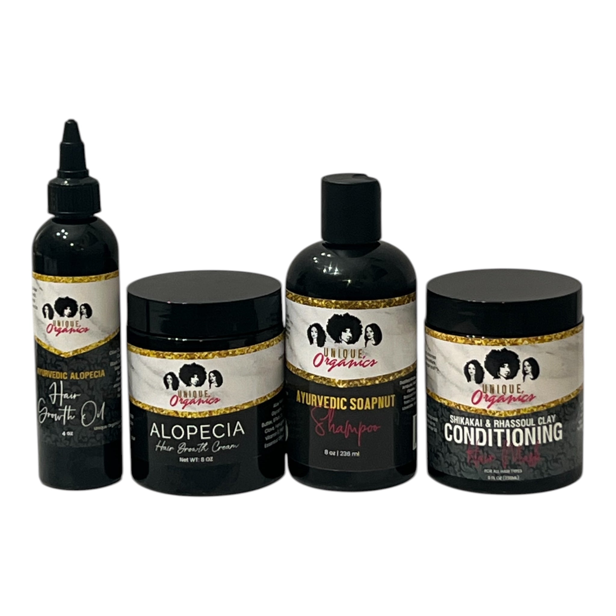 Set of hair care products with branding on a white background