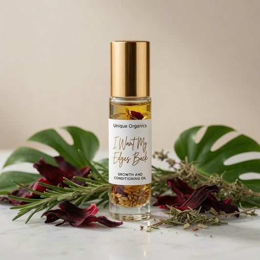 Unique Organics Strengthening Edge and Scalp Oil Rollerball with organic oils and botanicals for edges, nape, and crown care during protective styles