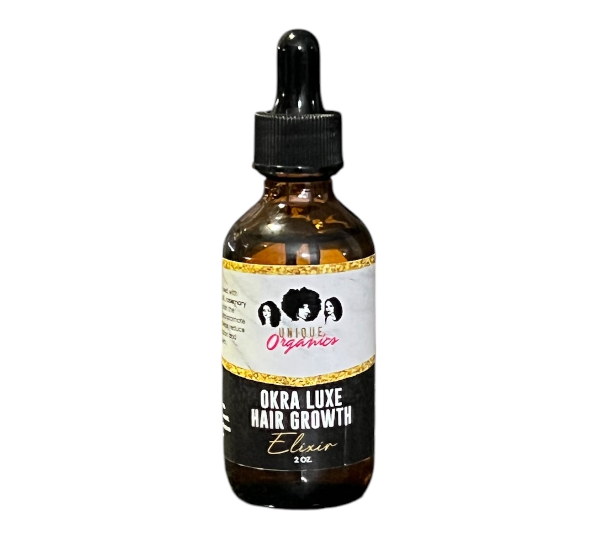 Bottle of Okra Luxe Hair Growth Elixir with a dropper on a white background