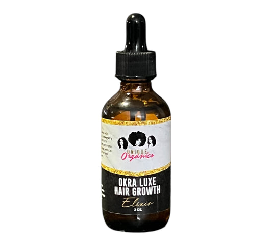 Bottle of Okra Luxe Hair Growth Elixir with a dropper on a white background