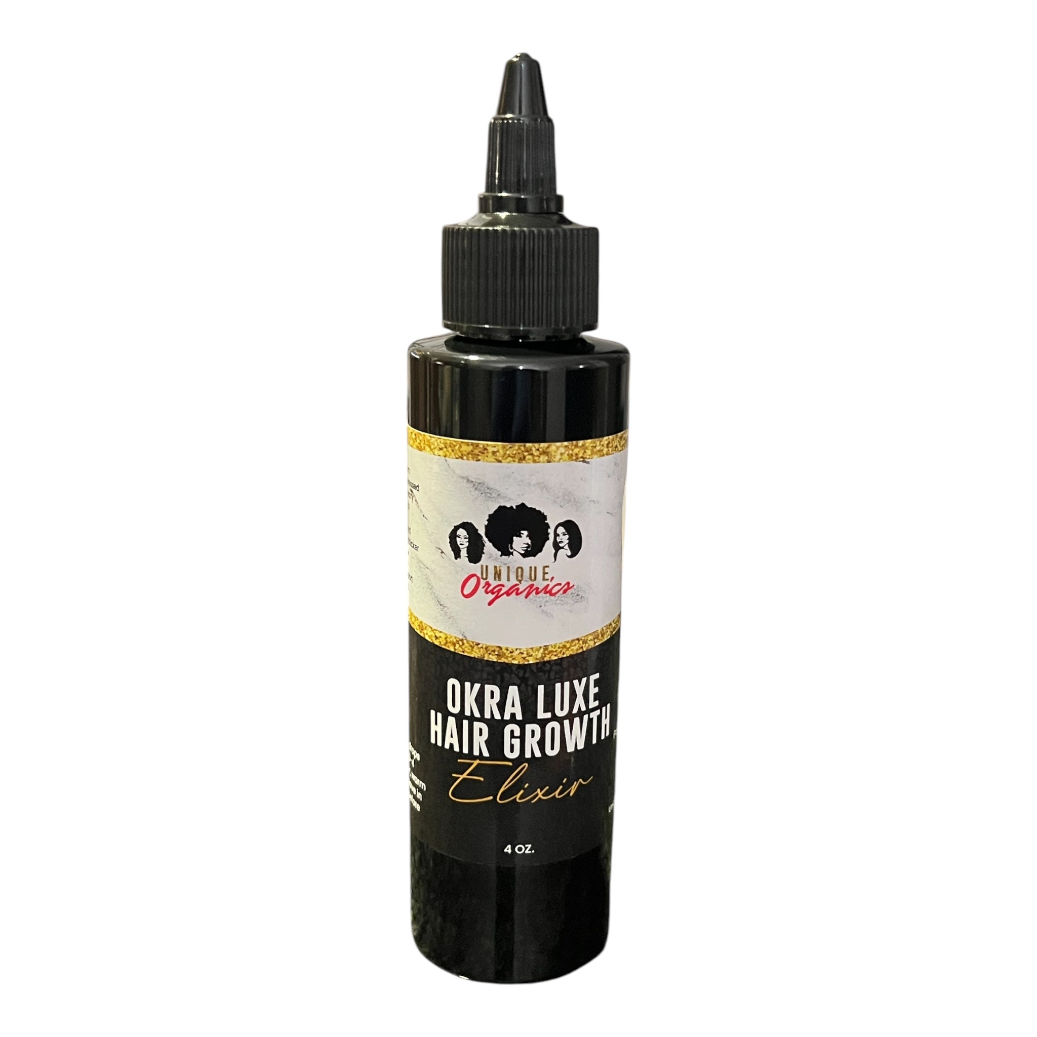 A bottle of Okra Seed Hair Growth and Rehydration Scalp Oil with a dropper, labeled as an elixir for hair care.