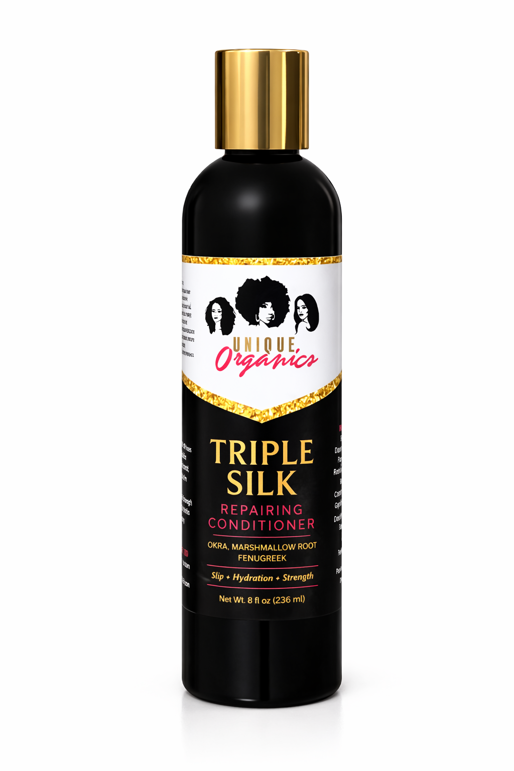 Triple Silk repairing conditioner bottle with gold cap on a white background
