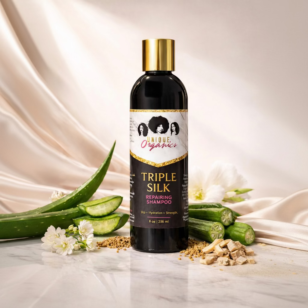 Bottle of Triple Silk shampoo with natural ingredients on a marble surface