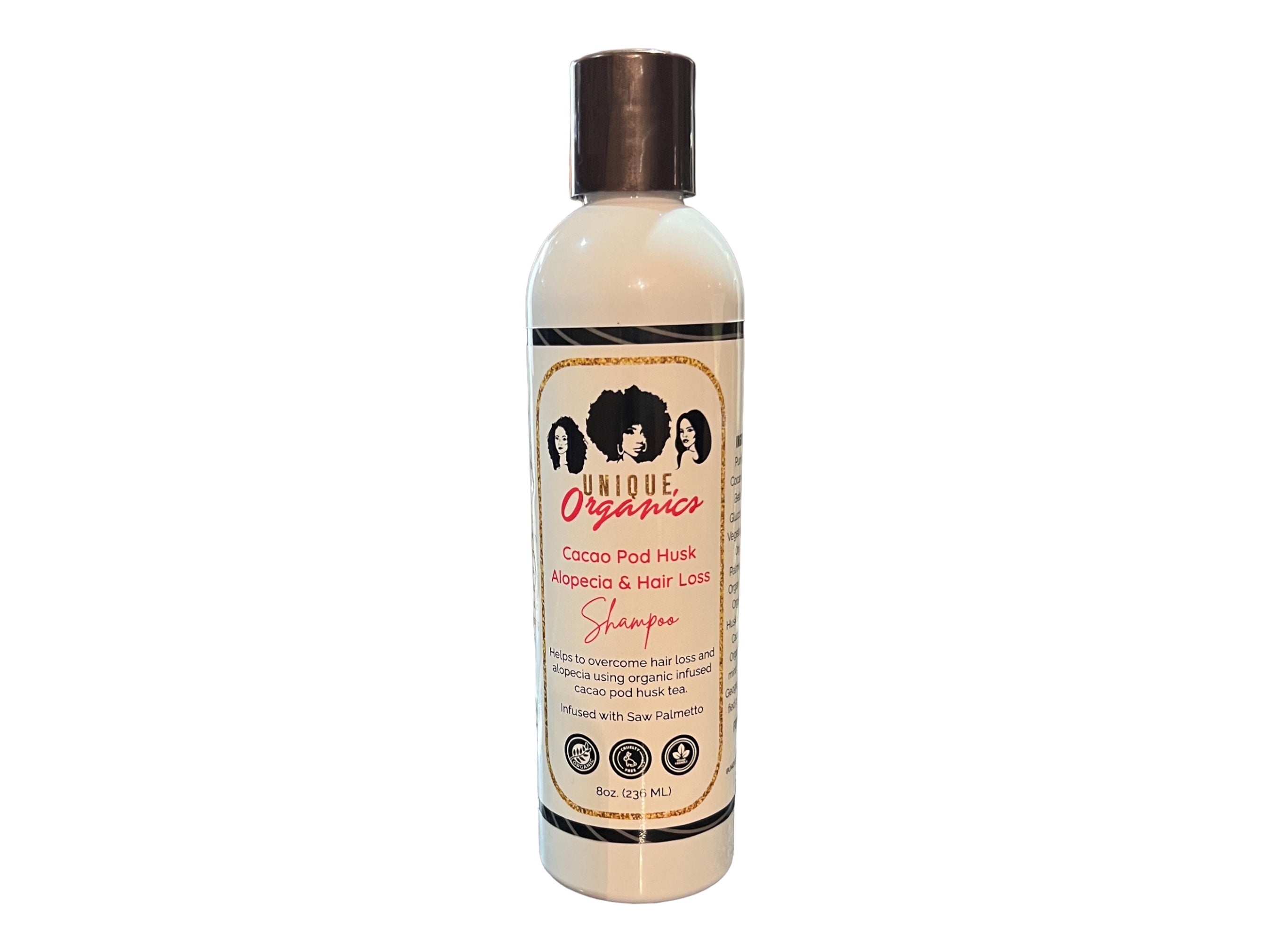 Bottle of Unique Organics shampoo with a white label on a white background