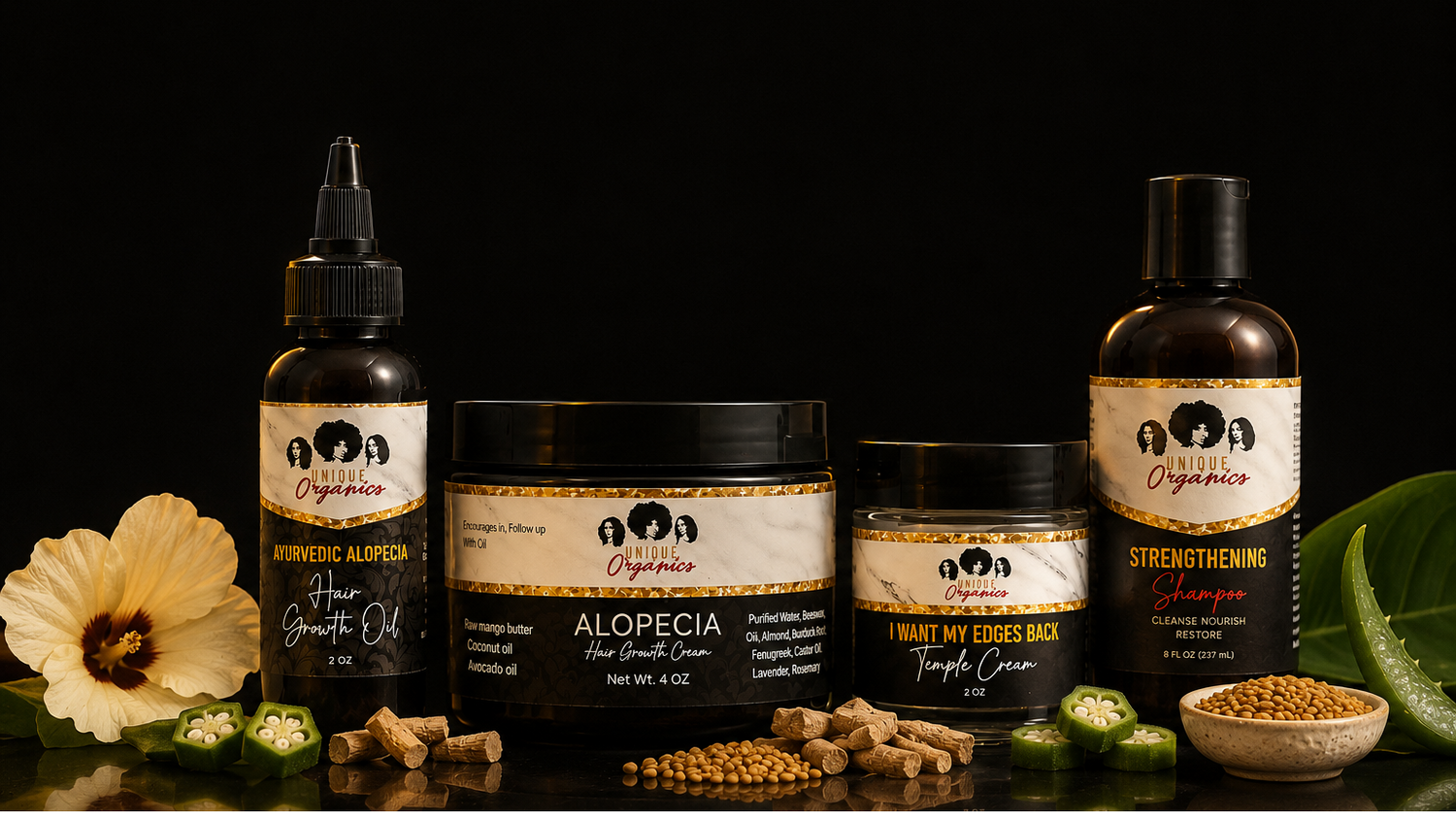 Collection of unique organics hair care products with labels on a dark background